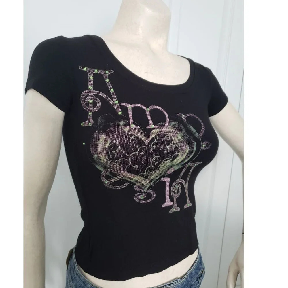 Amnesia black t shirt  with Pink heart and green rhinestones Small